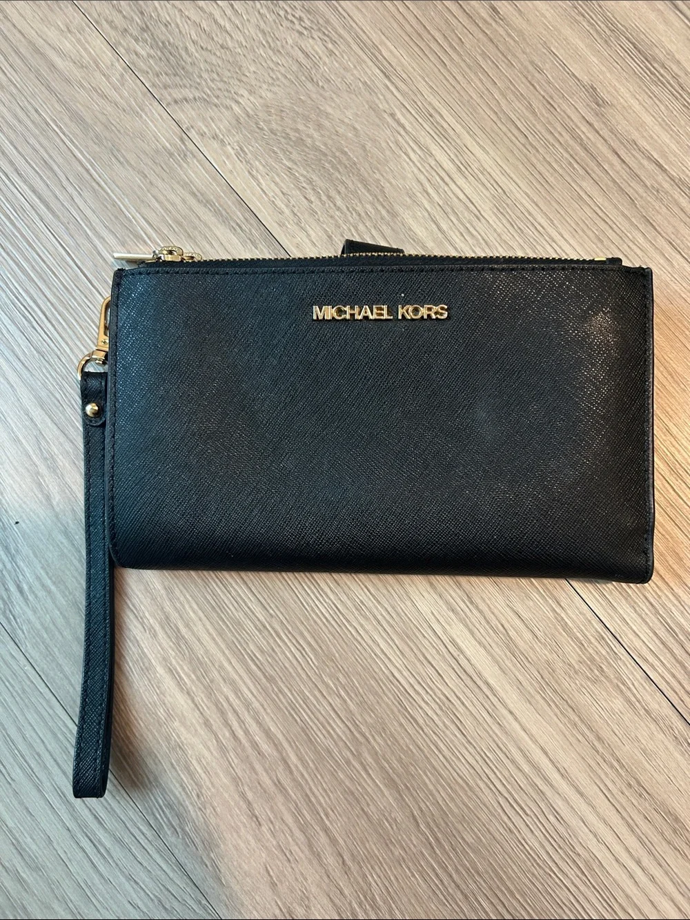 Michael Kors Jet Set Travel Double Zip Wristlet Leather Phone Case Wallet Black